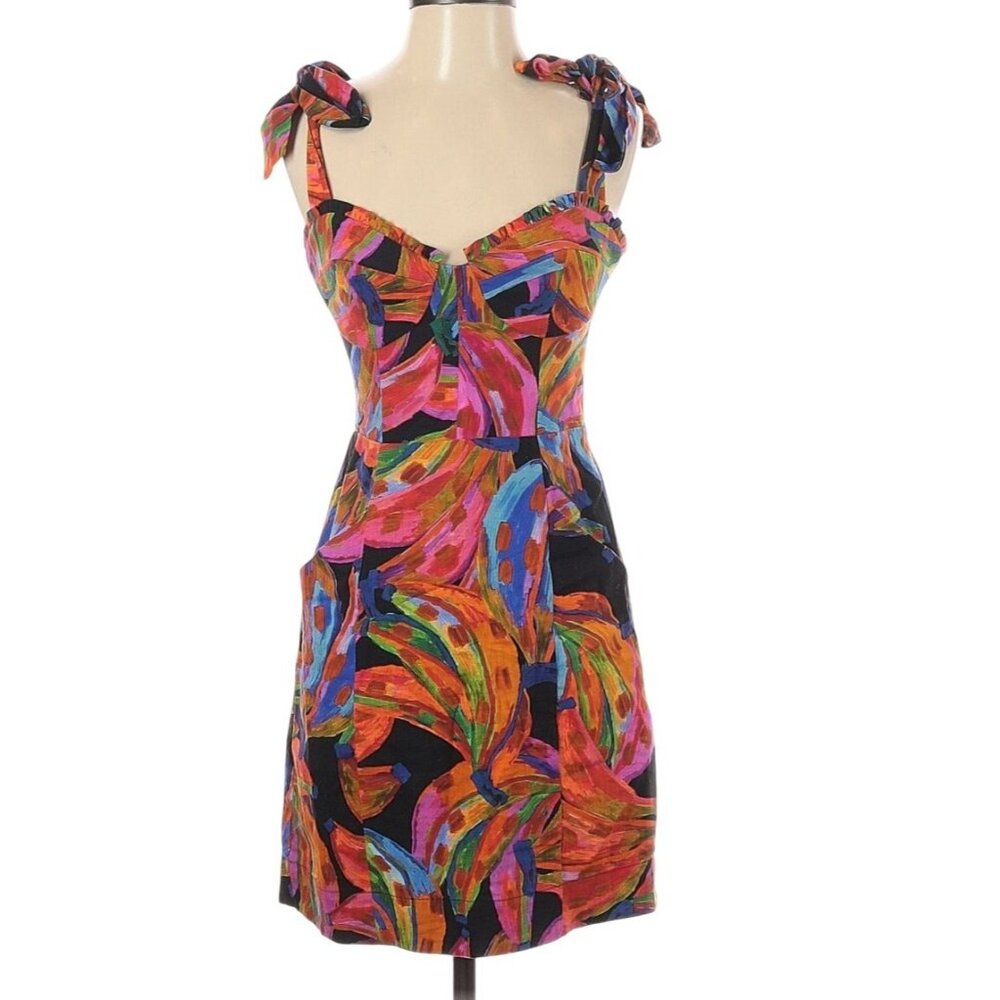 Farm Rio Rainbow Bananas Shoulder-Tie Mini Dress XS Linen - Picture 2 of 14
